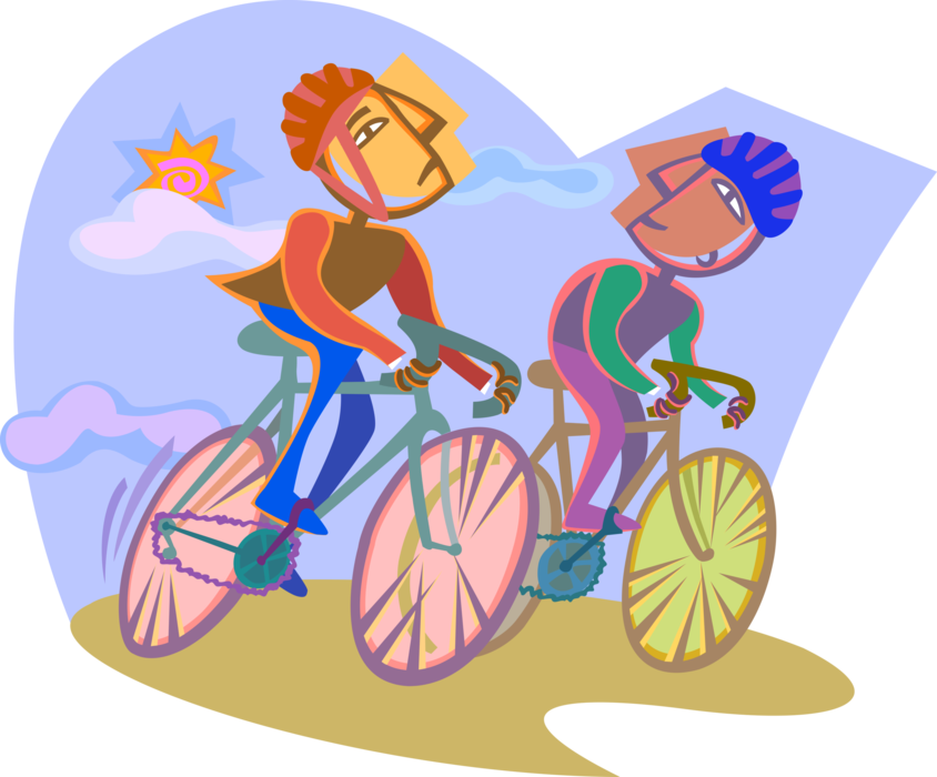 Vector Illustration of Bicycle Racing Cyclists Riding Bikes on Road