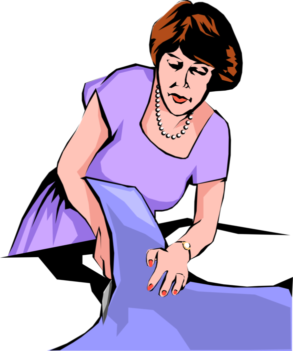 Vector Illustration of Seamstress Cuts Fabric with Scissors