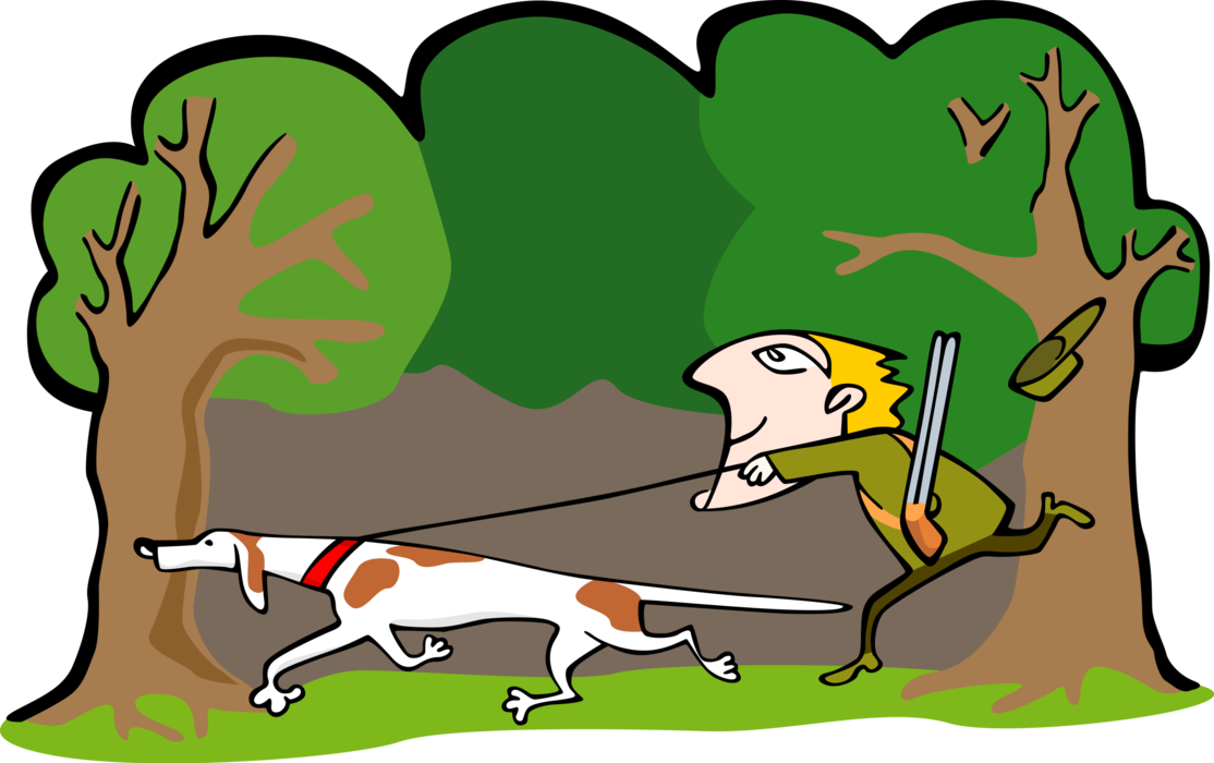 Vector Illustration of Fox Hunter Hunting in Forest with Dog