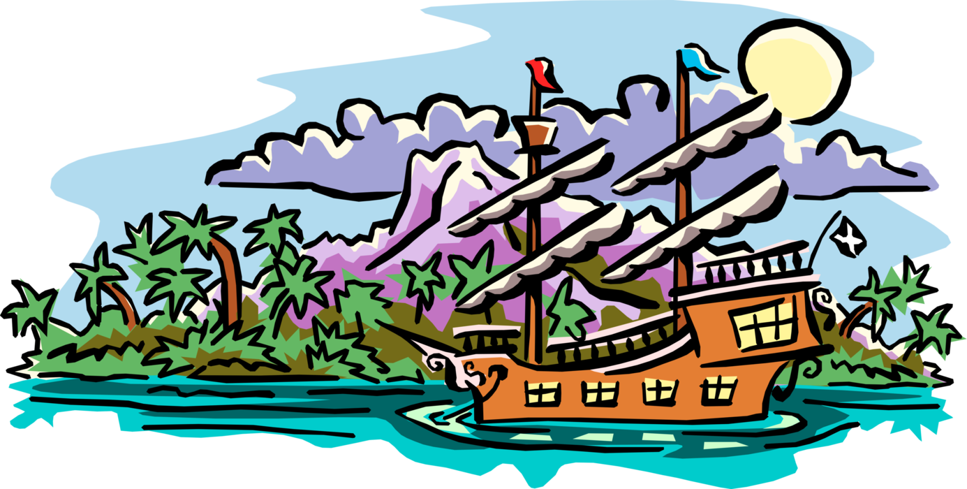 Vector Illustration of Buccaneer Pirate Sailing Ship Anchored Near Tropical Island with Palm Trees
