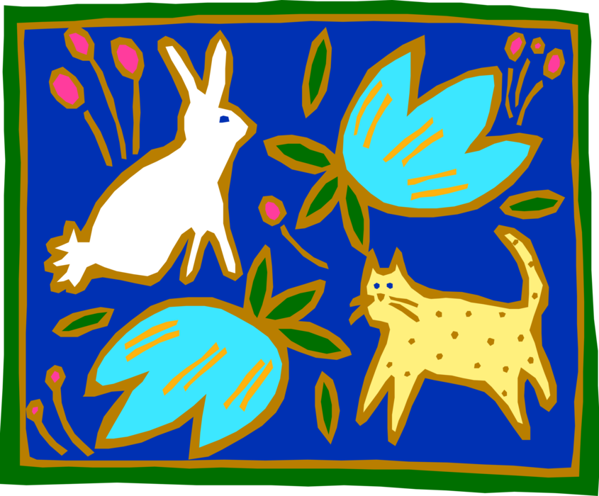 Vector Illustration of Small Mammal Rabbit with Cat and Flowers