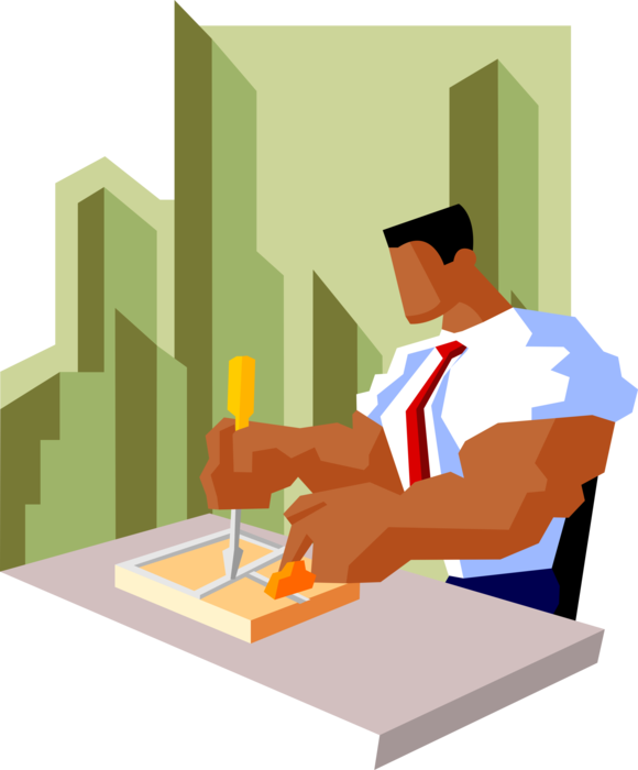 Vector Illustration of Powerful Businessman with Jacked Biceps and Forearms Setting Mousetrap Trap