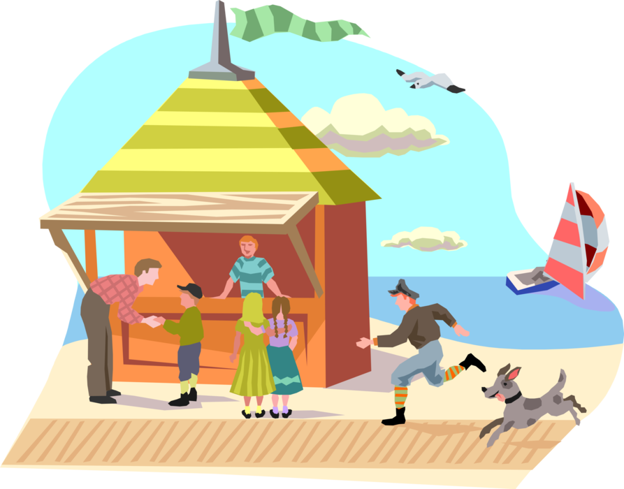 Vector Illustration of A Day at the Beach with Boardwalk Food Vendors and Customers
