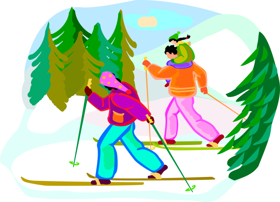 Vector Illustration of Family Winter Outing Cross-Country Skiing in Natural Setting
