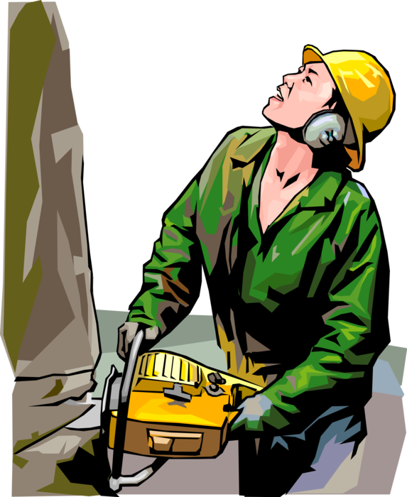 Vector Illustration of Forestry Industry Lumberjack Cuts Down Tree with Chainsaw