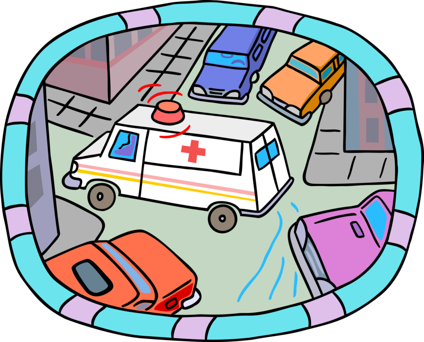 Vector Illustration of Emergency Paramedic Ambulance Racing Down Crowded City Street