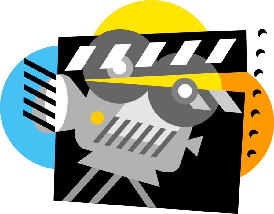 Vector Illustration of Hollywood Cinematic Motion Picture Movie Camera with Clapperboard