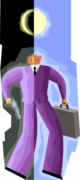Vector Illustration of Businessman Like Thief in the Night, Regular Person By Day