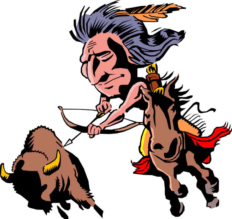 Vector Illustration of American Native Indigenous Indian on Horseback Hunts Wild Buffalo Bison