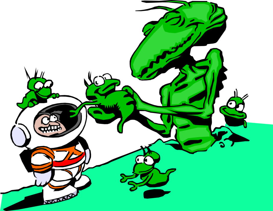Vector Illustration of Spaceman with Extraterrestrial Space Alien Family