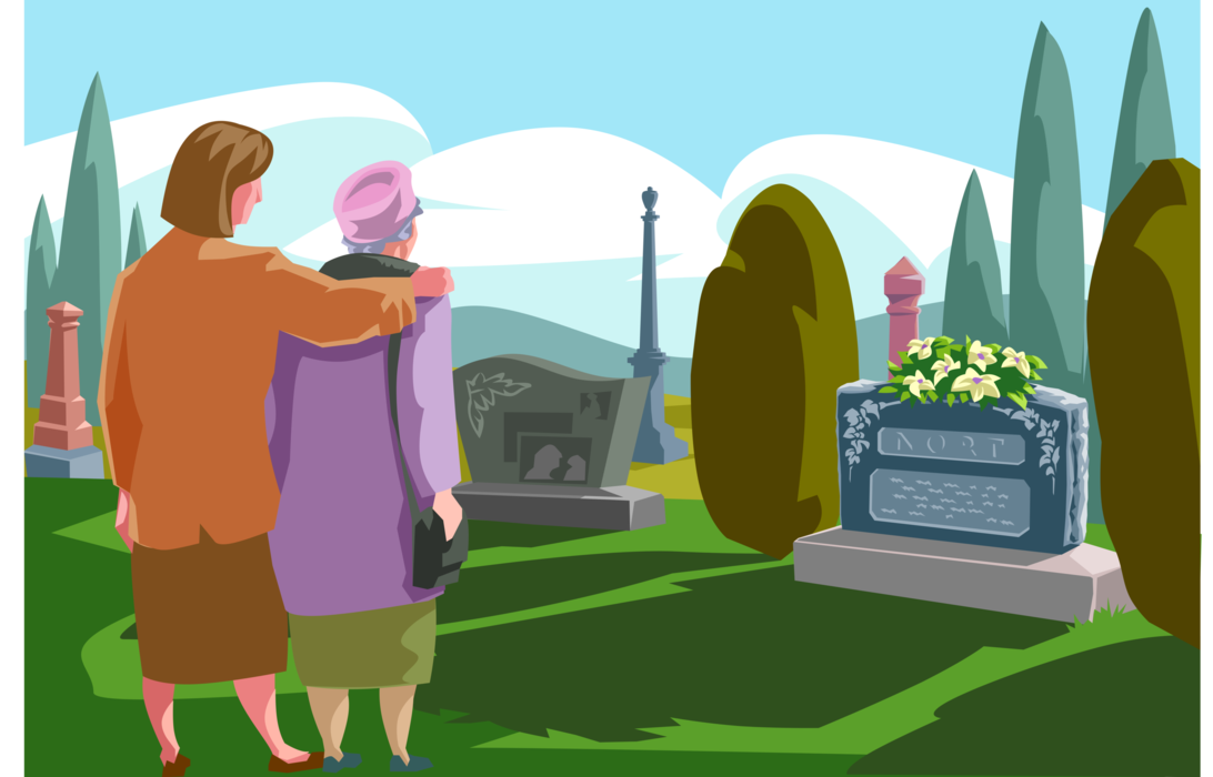 Vector Illustration of Visiting Grave and Paying Respects to Deceased Loved One