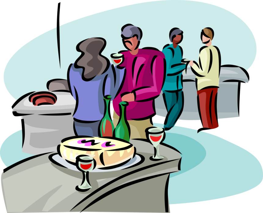 Vector Illustration of Office Party with Colleagues Enjoying Wine and Conversation