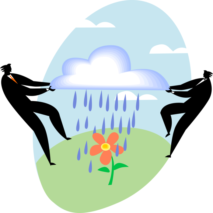 Vector Illustration of Businessmen Manipulate Weather Cloud to Rain on Flower Garden
