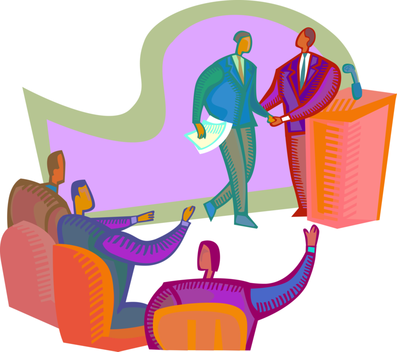 Vector Illustration of Business Meeting Speaker Greeted at Podium