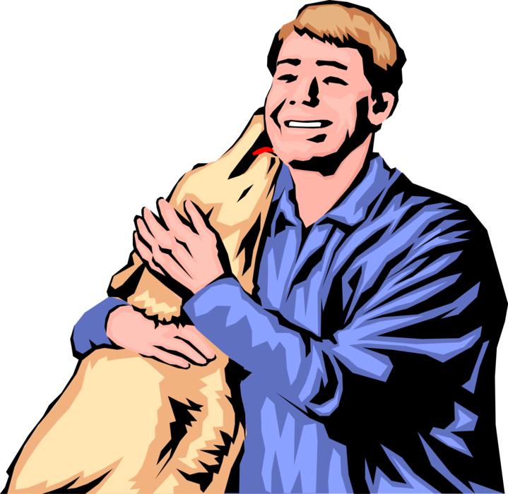 Vector Illustration of Family Pet Dog Licking Man's Face in Sign of Affection