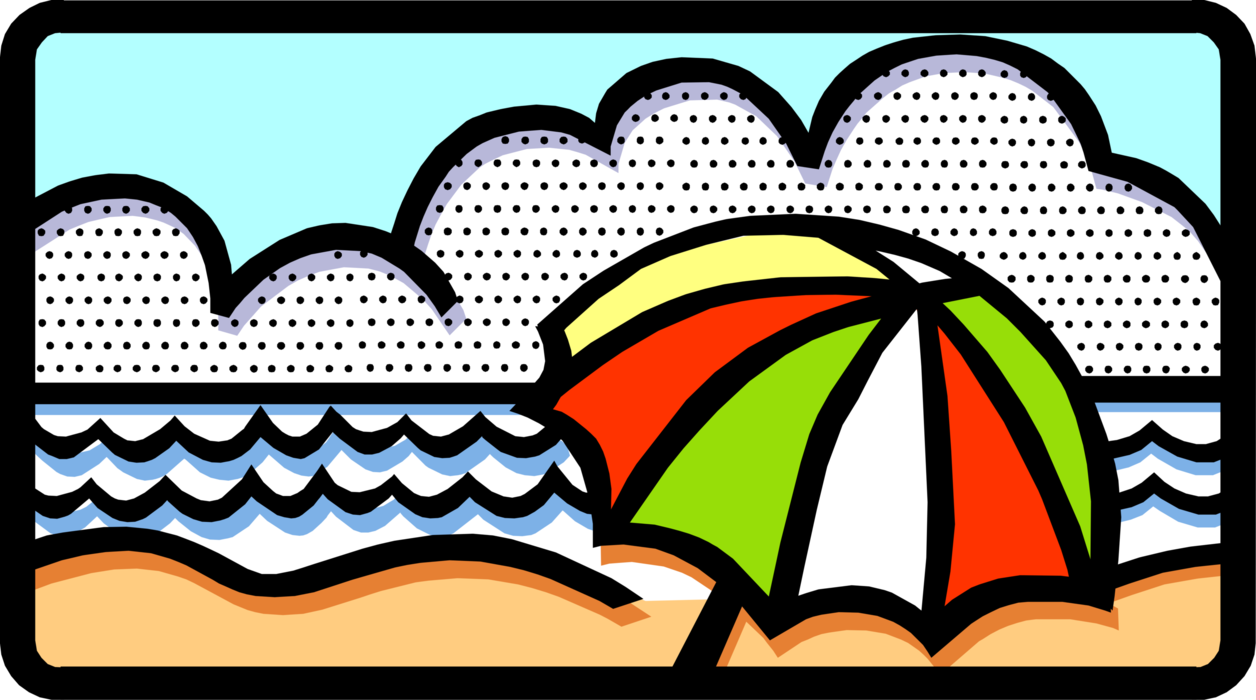 Vector Illustration of Beach with Surf, Clouds and Shade Umbrella