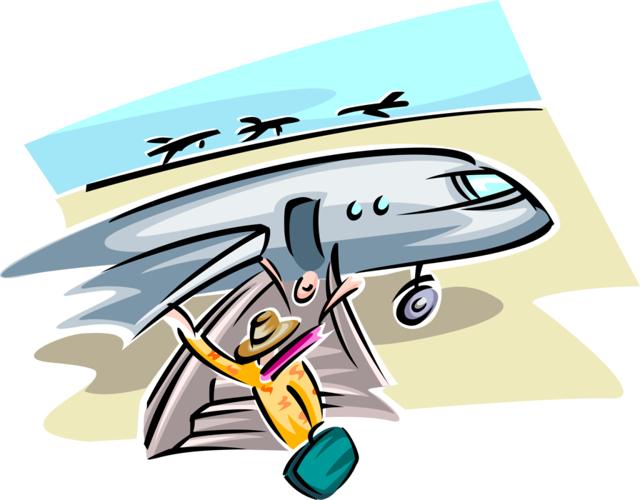 Vector Illustration of Air Travel Passenger Waves Goodbye Before Boarding Jet Airplane at Airport