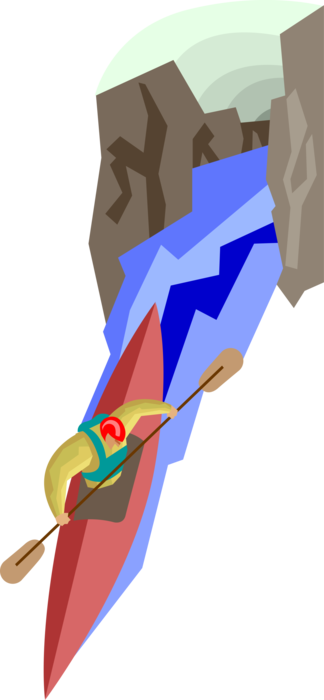 Vector Illustration of Kayaker Navigates Narrow Waterfall Chute in Kayak