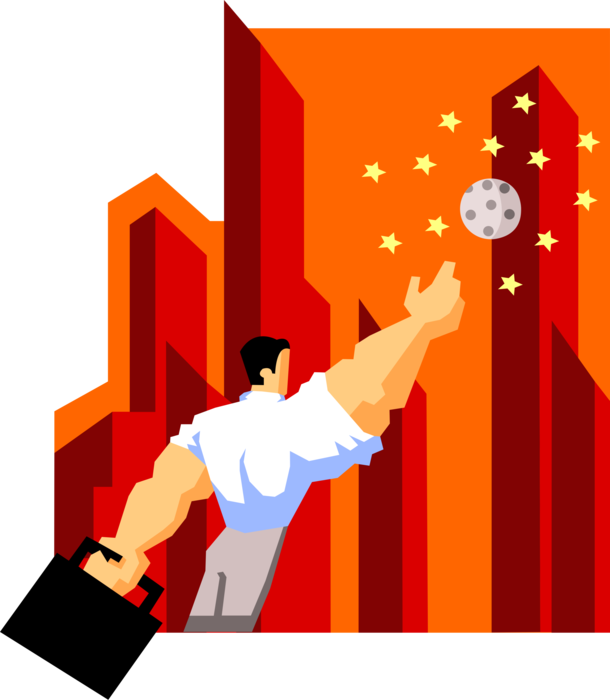 Vector Illustration of Powerful Businessman with Jacked Biceps and Forearms Reaching for the Stars