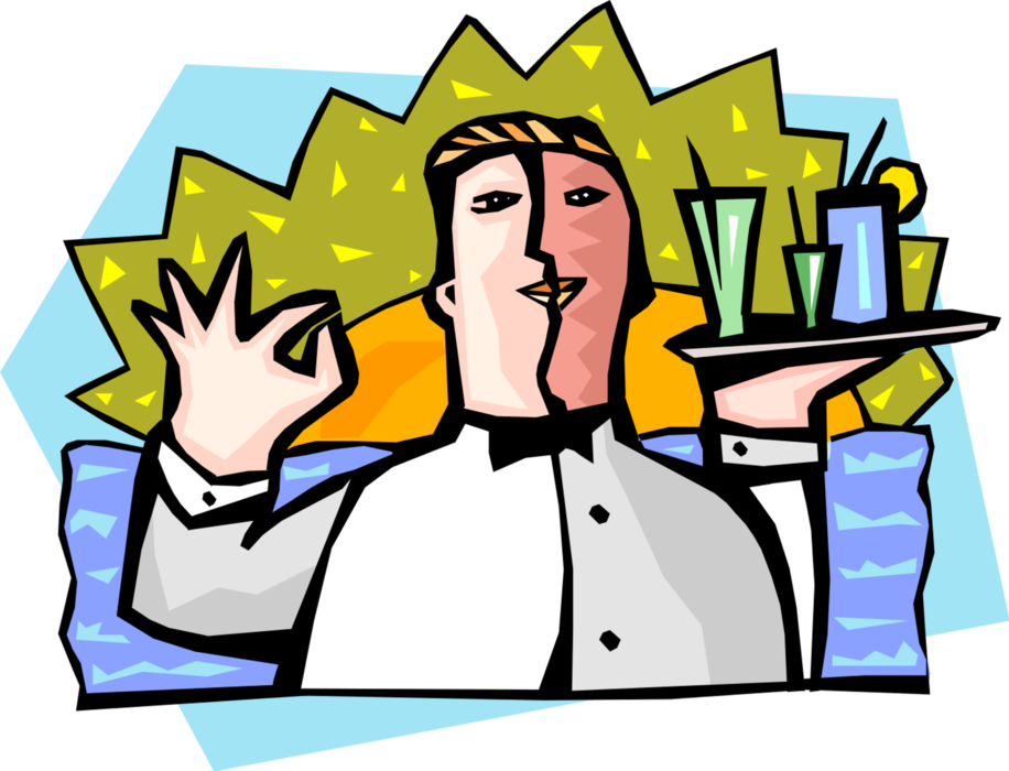 Vector Illustration of Miami South Beach Bar Waiter with Tray of Cocktails 