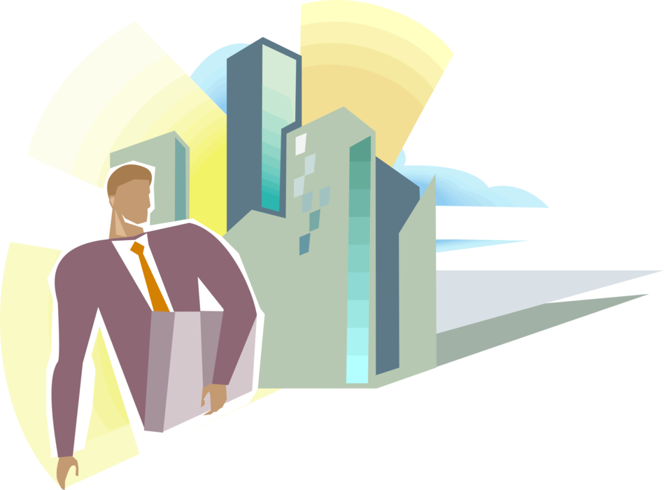 Vector Illustration of Businessman On the Move in Cityscape with Buildings