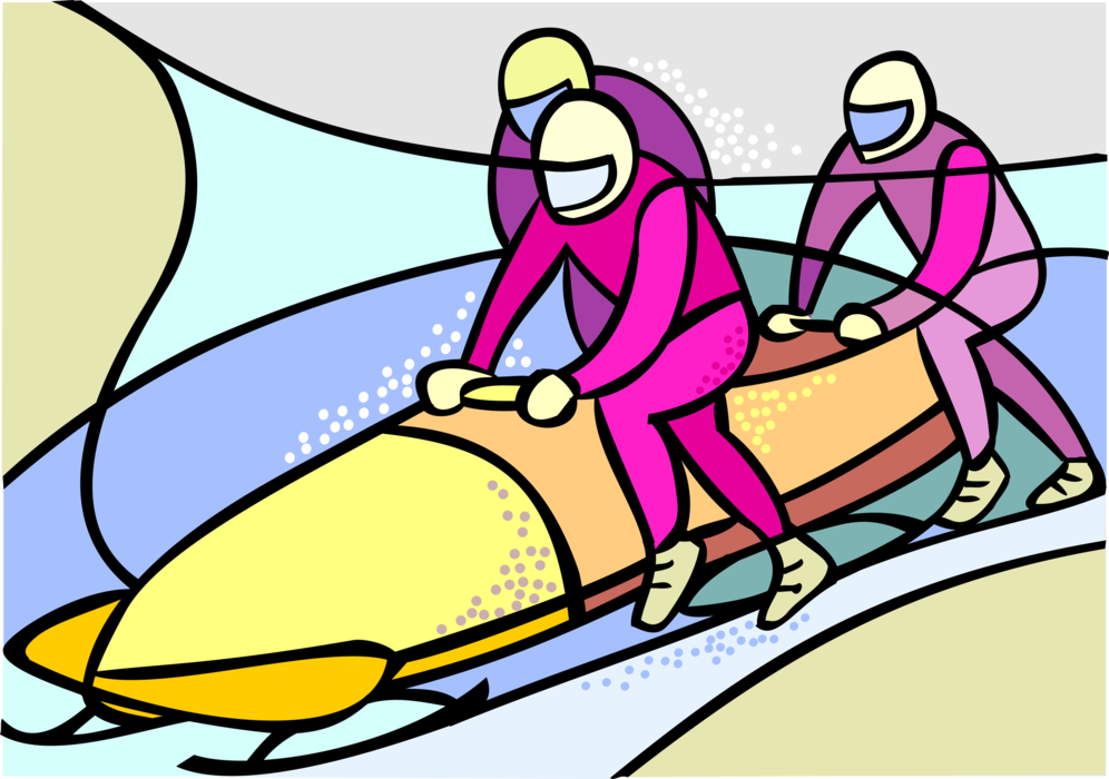 Vector Illustration of Olympic Sports Three-Man Bobsled Racers Push Sled at Start of Race