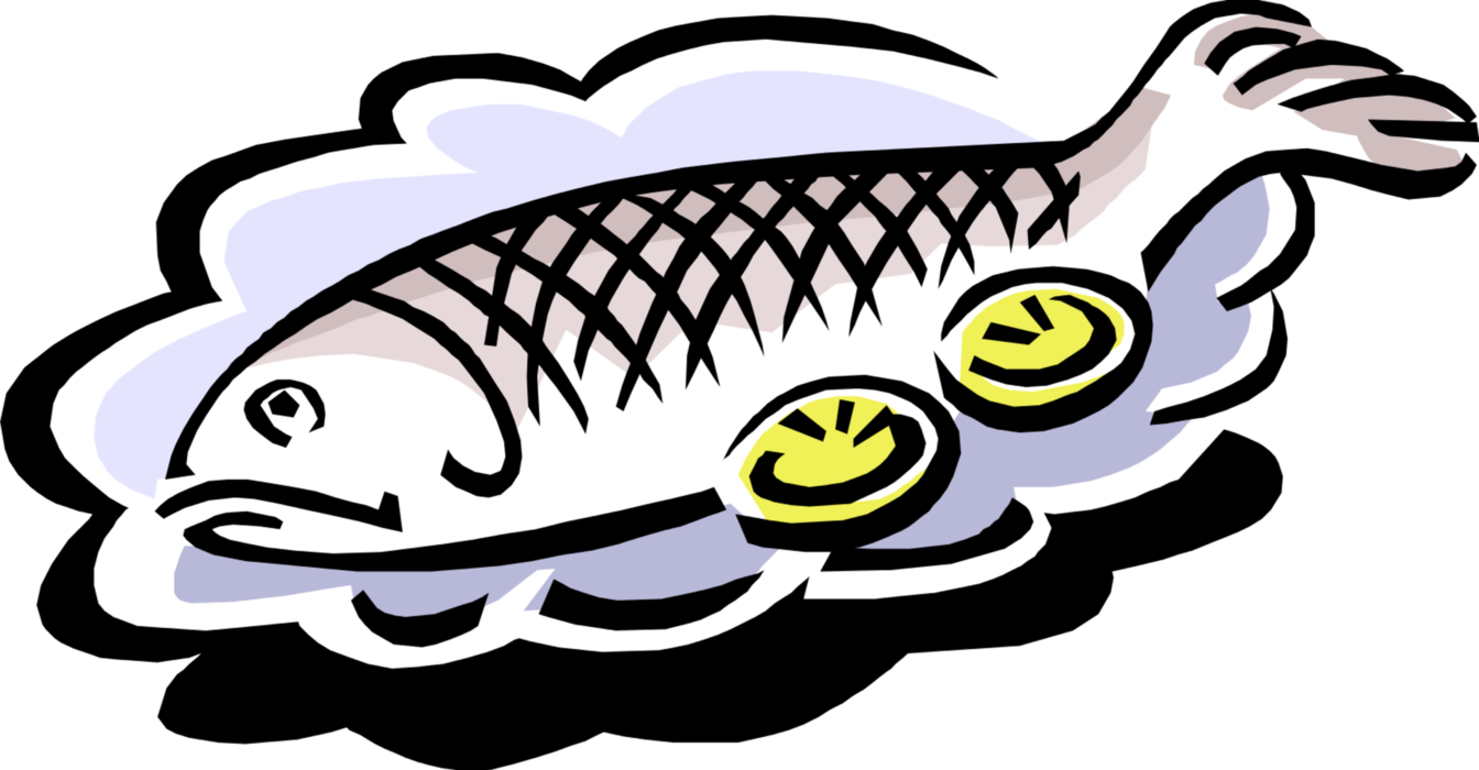 Vector Illustration of Whole Baked Fish Dinner with Lemon Slices