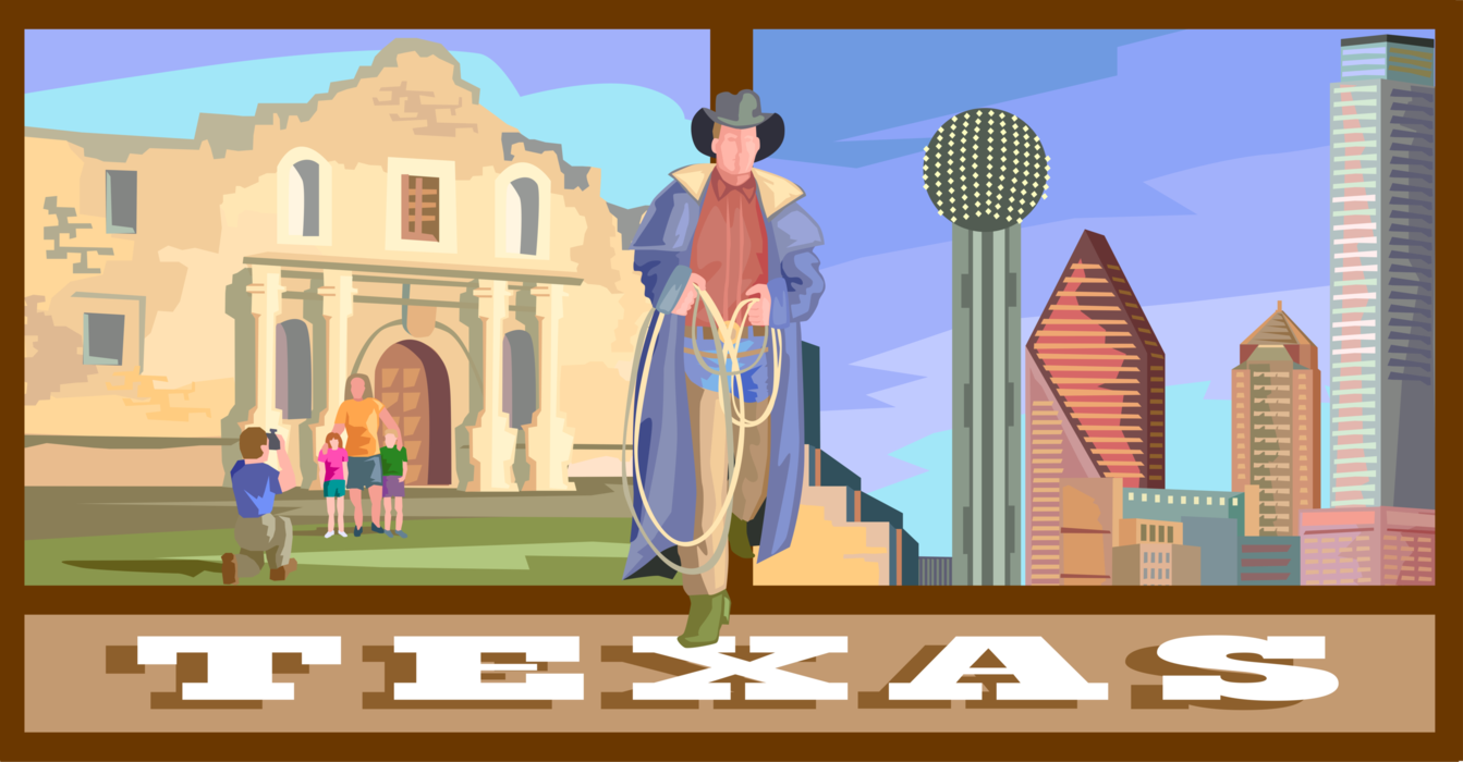 Vector Illustration of Texas Postcard Design with Dallas Skyline and Alamo Mission in San Antonio
