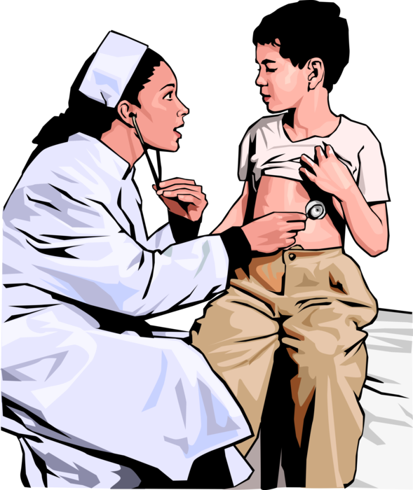 Vector Illustration of Health Care Professional Doctor Physician with Stethoscope Checks Patient's Heartbeat