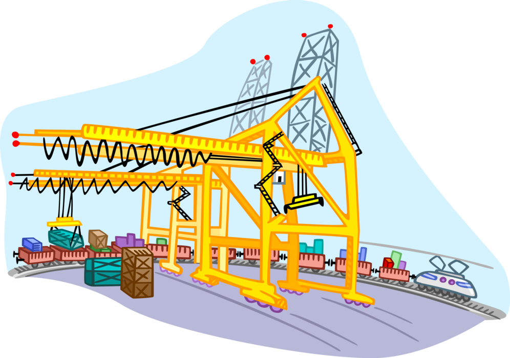 Vector Illustration of Rail Cargo Transportation with Loading Cranes