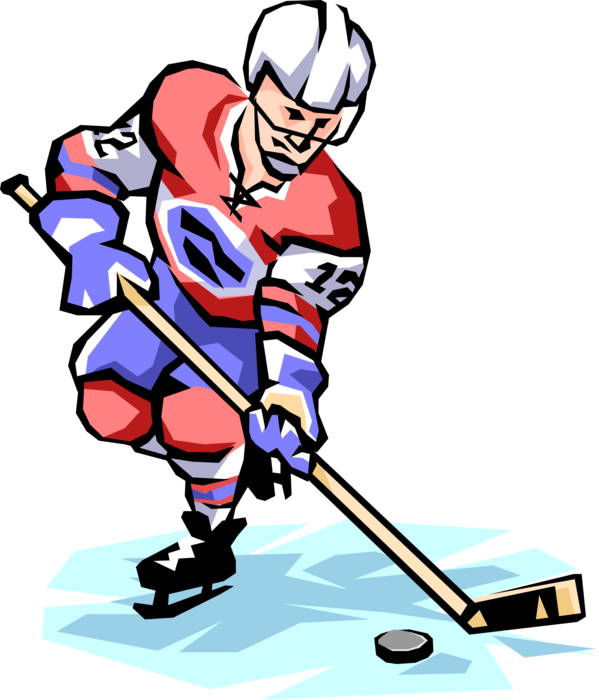 Vector Illustration of Sport of Ice Hockey Player Skates Down Rink with Puck