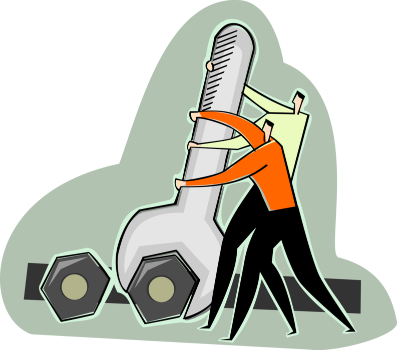 Vector Illustration of Teamwork with Wrench Tightens the Nut