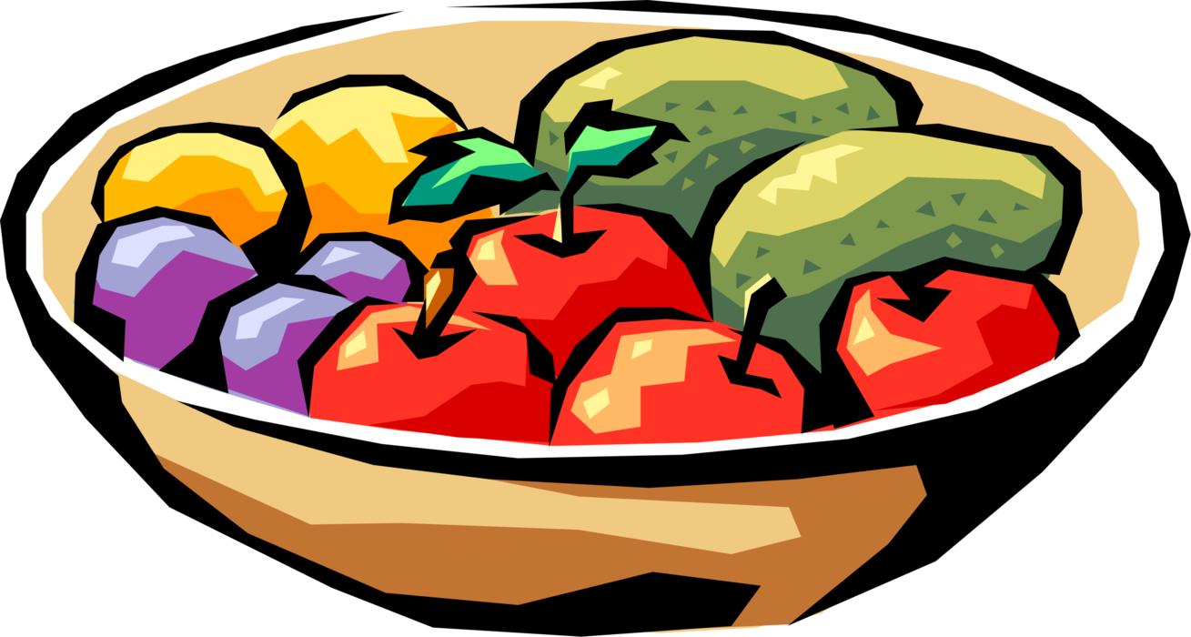 Vector Illustration of Fruit Bowl with Apples, Plums, Oranges and Pears