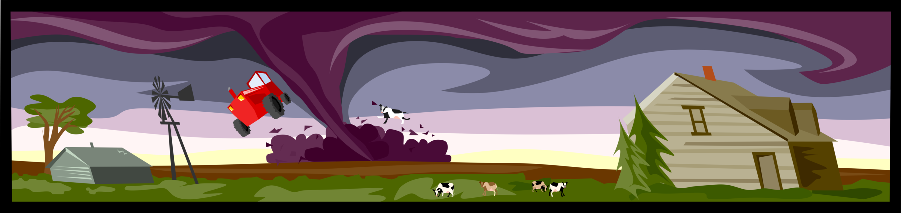 Vector Illustration of Violent Tornado Races Across Midwest United States Creating Destruction in its Path