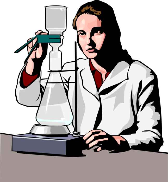 Vector Illustration of Laboratory Technician Heats Liquid in Flasks
