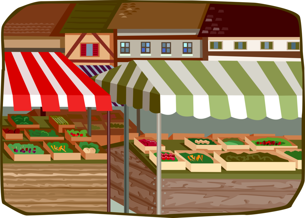 Vector Illustration of Outdoor Food Vendor Market Stands