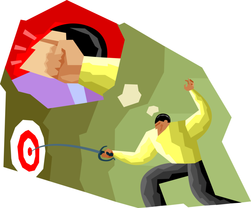 Vector Illustration of Fencer Hitting the Target Bullseye or Bull's-Eye to Defeat Competitor