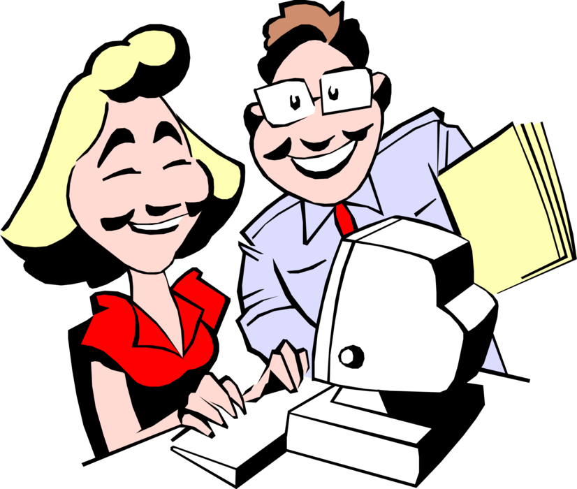 Vector Illustration of Man and Woman Working at Computer