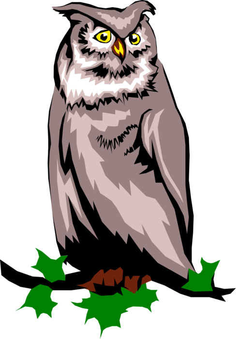 Vector Illustration of Wise Old Owl Bird Symbol of Wisdom and Knowledge Sitting on Branch