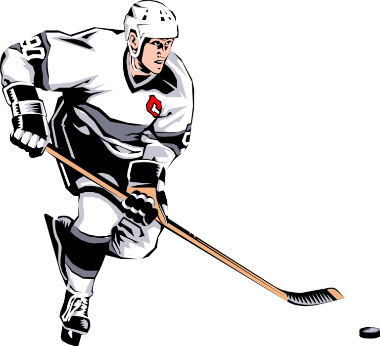 Vector Illustration of Sport of Ice Hockey Player Skates Down Rink with Puck