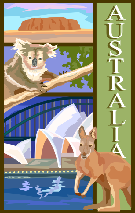 Vector Illustration of Australia Postcard Design with Kangaroo and Koala Bear