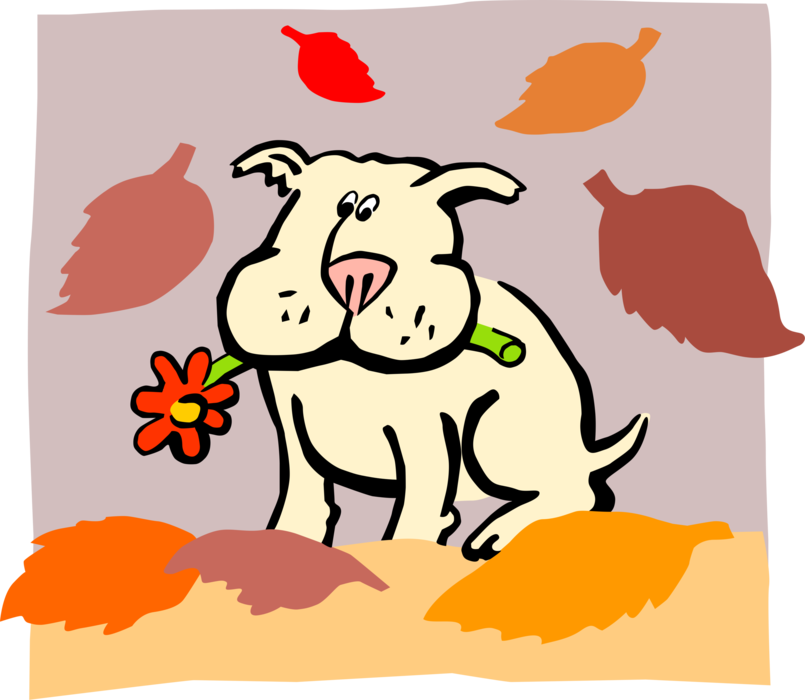 Vector Illustration of Family Pet Dog with Fall Autumn Leaves