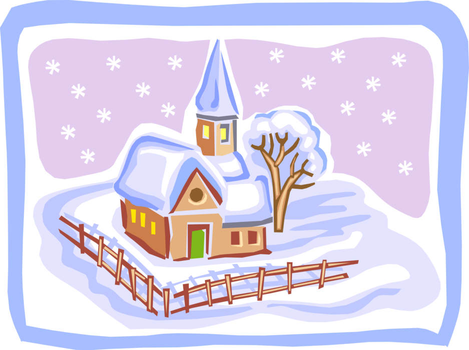 Vector Illustration of Small Country Church in Winter Falling Snow