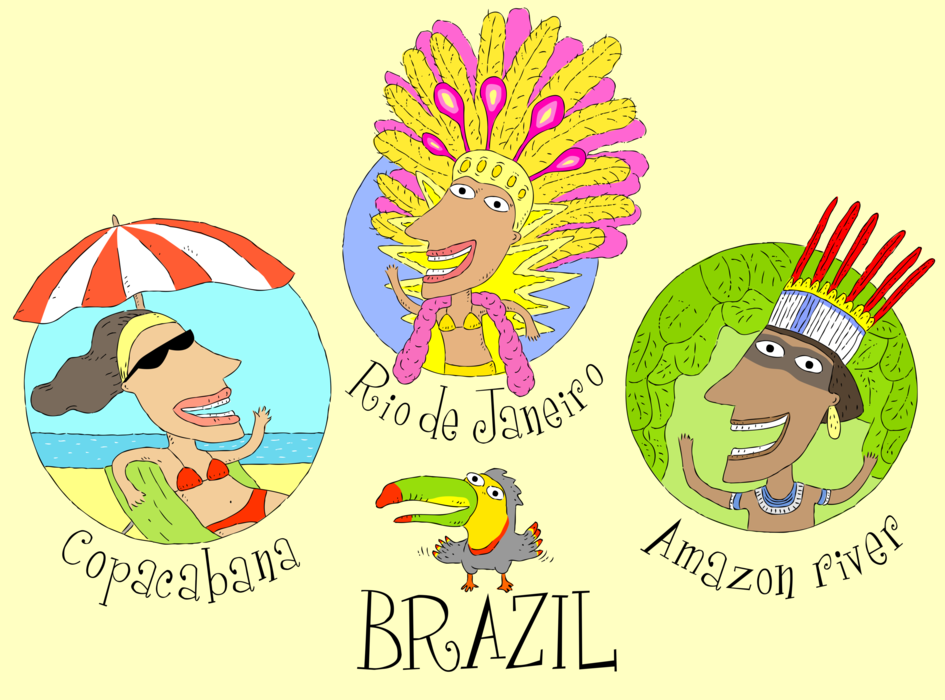 Vector Illustration of Brazil Postcard Design with Copacabana Beach, Rio Festival and Amazon Native