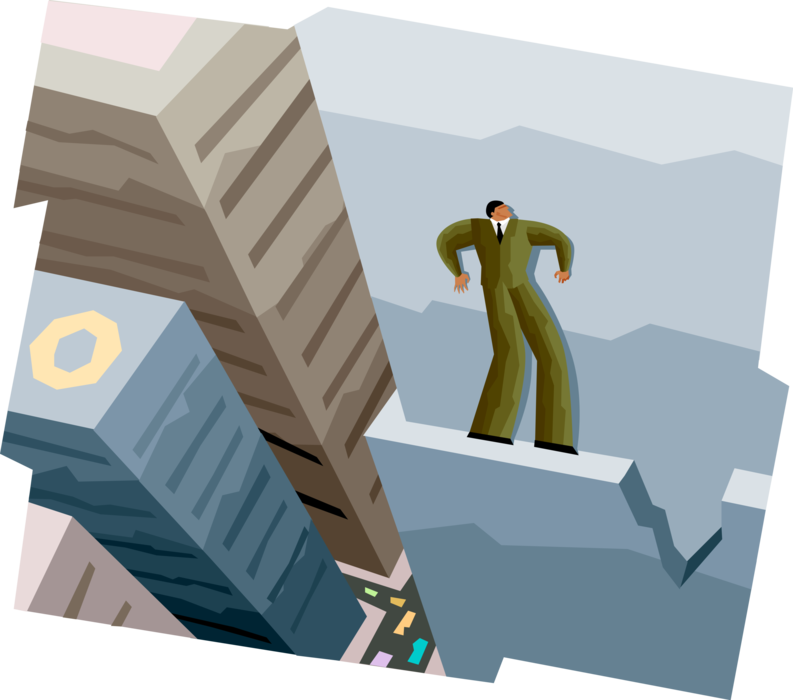 Vector Illustration of Businessman in Precarious Balance Faces Obstacle