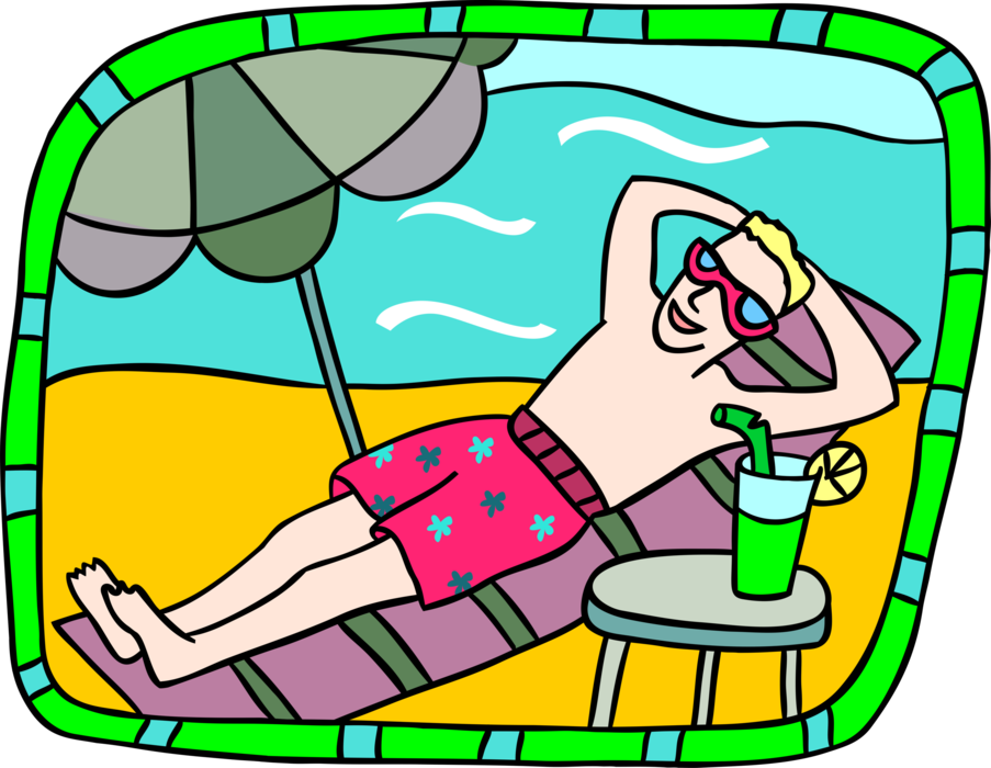 Vector Illustration of Relaxing at Beach Under Shade Umbrella with Refreshing Alcohol Cocktail Beverage