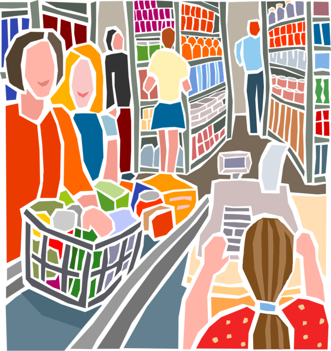 Vector Illustration of Grocery Store or Market Shopping with Cash Register and Customers