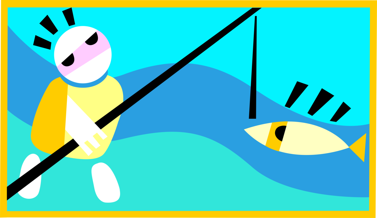 Vector Illustration of Sport Fisherman Angler with Fishing Pole Catches Fish