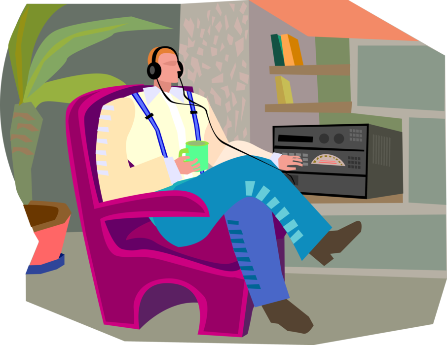 Vector Illustration of Relaxing in Comfortable Chair Listening to Music with Headphones