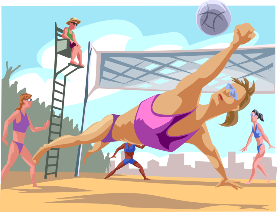 Vector Illustration of Sport of Beach Volleyball Game Between Friends at the Beach